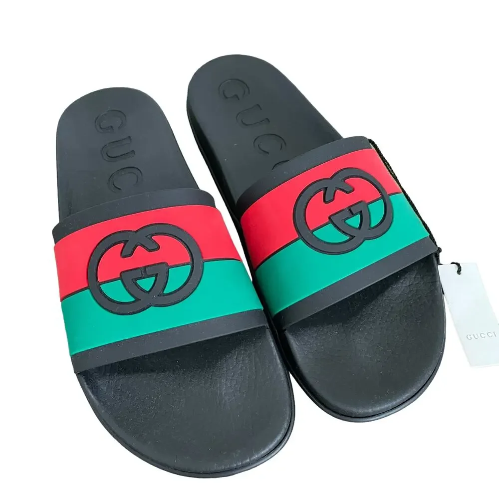 GUCCI Authentic Men's Interlocking G Slide Sandal Black Green Sz 10 |US 10.5 NEW